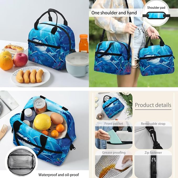 Backpack for Boys with Reusable Lunch Bag Pencil Bag Water Bottle Sling for School, Sea Shark Double Zipper Students Schoolbag Bookbag Elementary Middle School Rucksack - Image 4