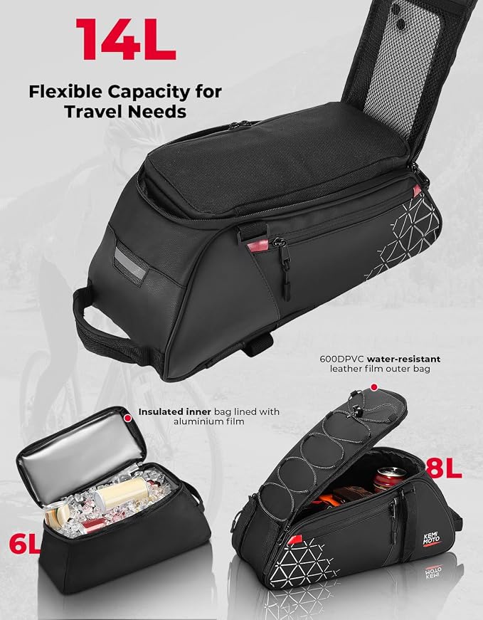 KEMIMOTO 8L Bike Bag with 6L Removable Cooler Bag, Bike Rear Rack Bag PVC Water Resistant Insulated Bag, Bicycle Trunk Pannier with Shoulder for Cycling Ebike Back Seat Storage - Image 5