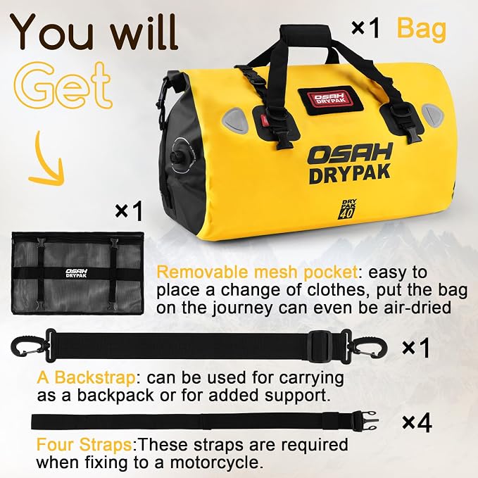 OSAH DRYPAK Waterproof Duffel Bag - Motorcycle Dry Bag Tail Bag with Large Storage Space, Waterproof Luggage Duffle Bags with Outer Mesh Zipper Pocket for Camping, Kayaking, Fishing & Traveling - Image 7