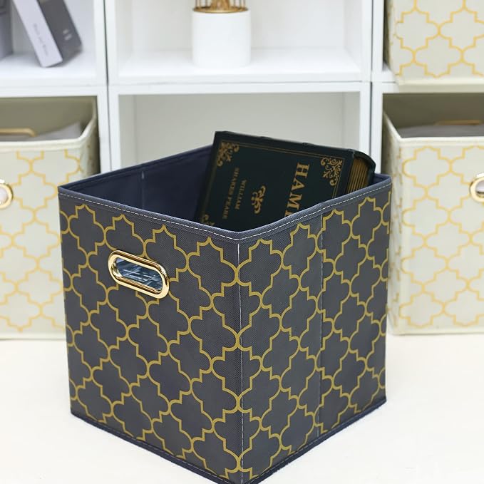 Fabric Cloth Storage Bins,Fabric Cube Organizer with Dual Handles Foldable Cube Storage Baskets for Home Bedroom Storage,Set of 3,(Grey Gold) - Image 4