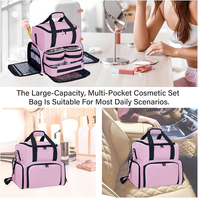 Large Makeup Bag Double Layer with 3 Removable Case,Pink | Large Makeup Bag with 3 Removable Case and 2 Removable Dividers Double Layer Travel Cosmetic Makeup Brushes Storage Section - Image 6