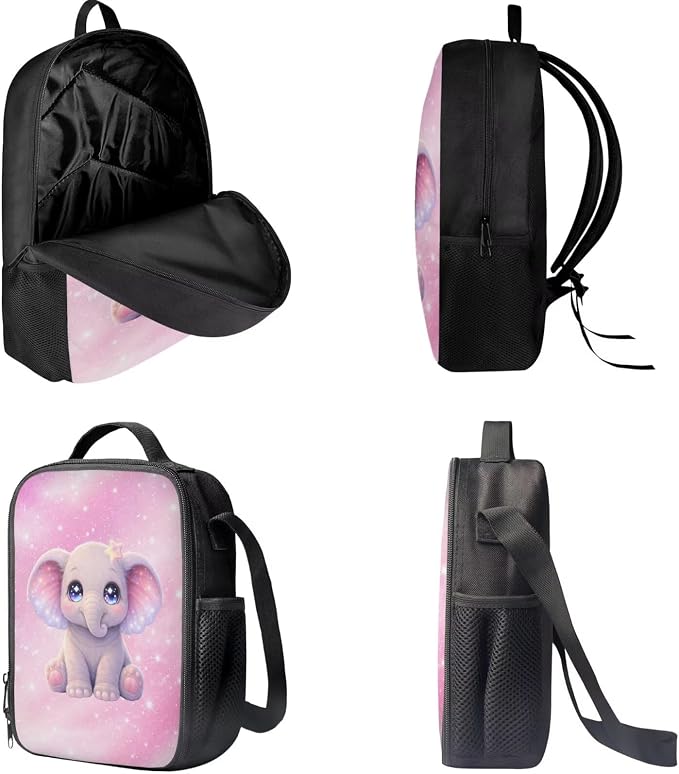Forchrinse Cartoon Elephant Backpack with Lunch Box Set for Girls 8-12 Elementary Bookbag 3 In 1 School Bag with Lunch Bag Pencil Case Middle High Back Packs Daycare Satchel Rucksack - Image 5