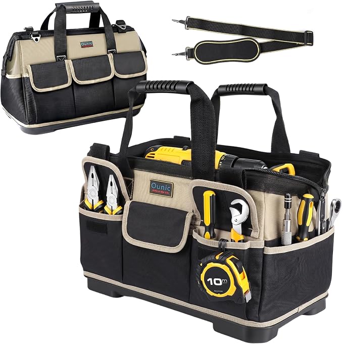 Tool Bag, Ounic 18 Inch Large Tool Tote Bag Heavy Duty With Waterproof Molded Base, Wide Mouth Tool Box Organizer with Adjustable Shoulder Strap for Electrician Mechanic Craftsman Plumbers(Coffee) by Ounic