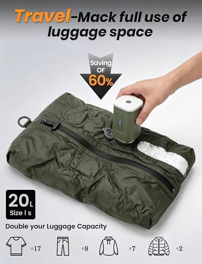 24 Pcs. Travel Vacuum Bags with Pump for Home and Travel TPU&PAPE Set 4 Waterproof 20 Vacuum Bags, High-power Pump, Space-saving Compression Packing Luggage Reusable Seal -Green Sizes - Image 4