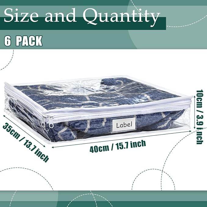 Hoolerry 6pcs Clear Zippered Storage Bag Plastic Individual Sweater Storage Bag with Zipper Label Closet Clothing Organizer for Blanket Clothes Bed Sheet Comforter Quilt Pillow(15.7 x 13.7 x 3.9 Inch) - Image 2