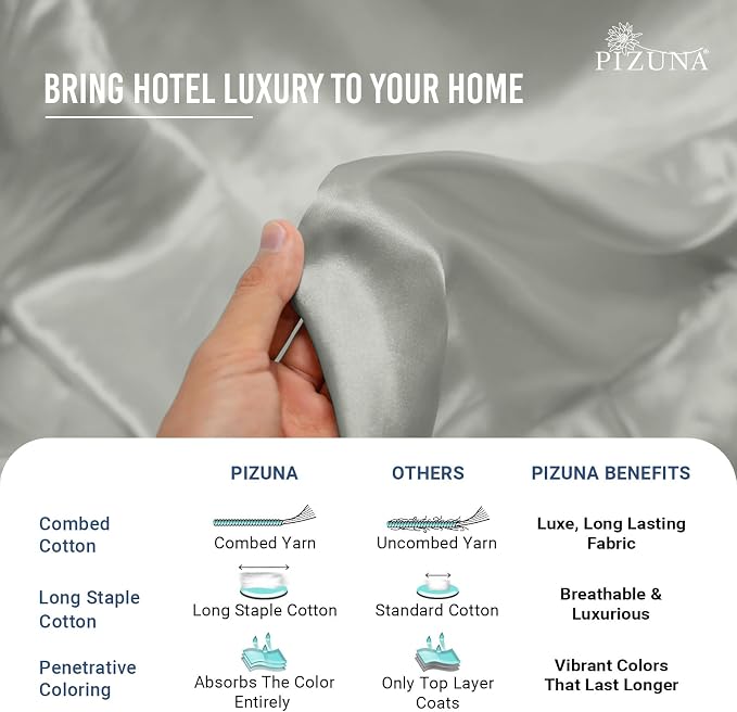 Pizuna 100% Cotton Pillow Cases Queen Size Set of 2 Luxury 1000 Thread Count Sateen Weave Long Staple Cotton Hotel Quality Envelope Closure Pillow Covers Fits Standard/Queen Pillows - Silver - Image 5