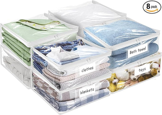 Kikerike Plastic Storage Bags with Easy-Glide Zipper, Pack of 8, Durable Clear Vinyl Zippered Storage Bags for Clothes Sweaters Comforters Blankets Sheets Bedding (18 x 15 x 4 Inch, White) by Kikerike