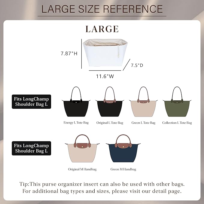 Doxo Purse Organizer Insert for Longchamp Le Pliage Large, 6-Compartment Bag Organizer with YKK Zipper Pocket, Cup Holder, Key Chain, Waterproof DupontPaper Lightweight Handbag Shaper (White Beige,L) - Image 2