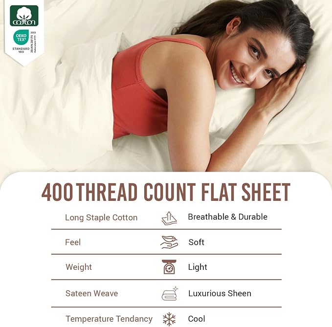 Pizuna Pure 100% Cotton Flat Sheets Only King Ivory (1 PC), Luxurious 400 Thread Count Long Staple Cotton Sateen with 4inch Hem (Combed King Flat Sheet Only Cotton) - Image 2