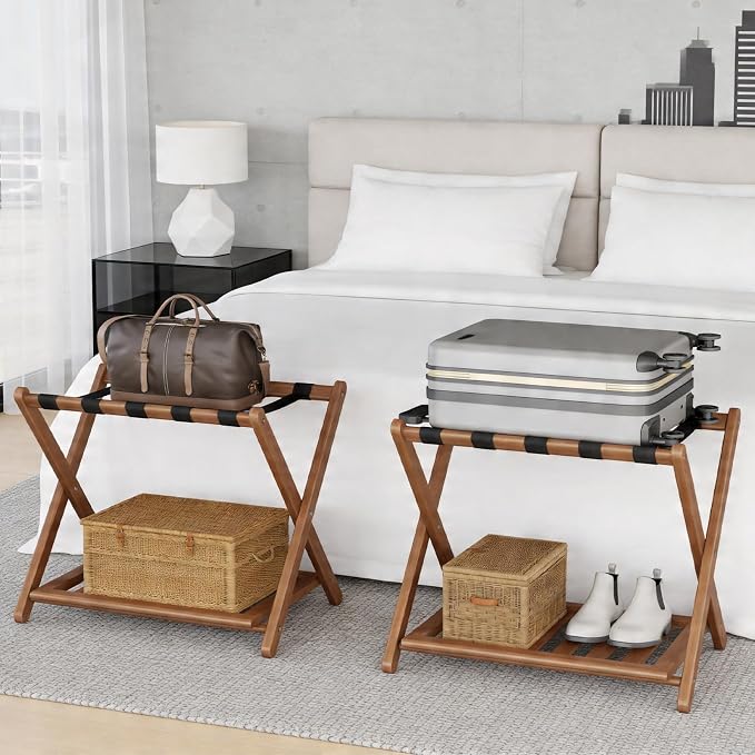 Full Assembled 26.77" L Luggage Rack Set of 2 - Luggage Stand for Guest Room, Foldable Suitcase Stand with Shoe Shelf, Luggage Holder for Bedroom, Hotel (Walnut Bamboo Suitcase Holders) - Image 6