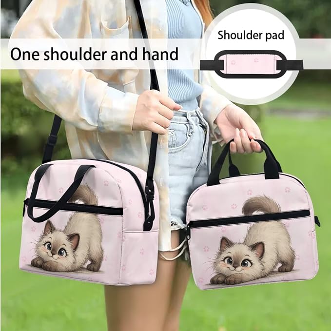 Funny Cat Backpack Set for Girls, Pink Paws School Backpack for Kids 8-12, 4 Pcs Travel Bookbag Insulated Lunch Bag Pencil Box Stationery Pouch Bag Schoolbag Daypack Knapsack Rucksack - Image 3