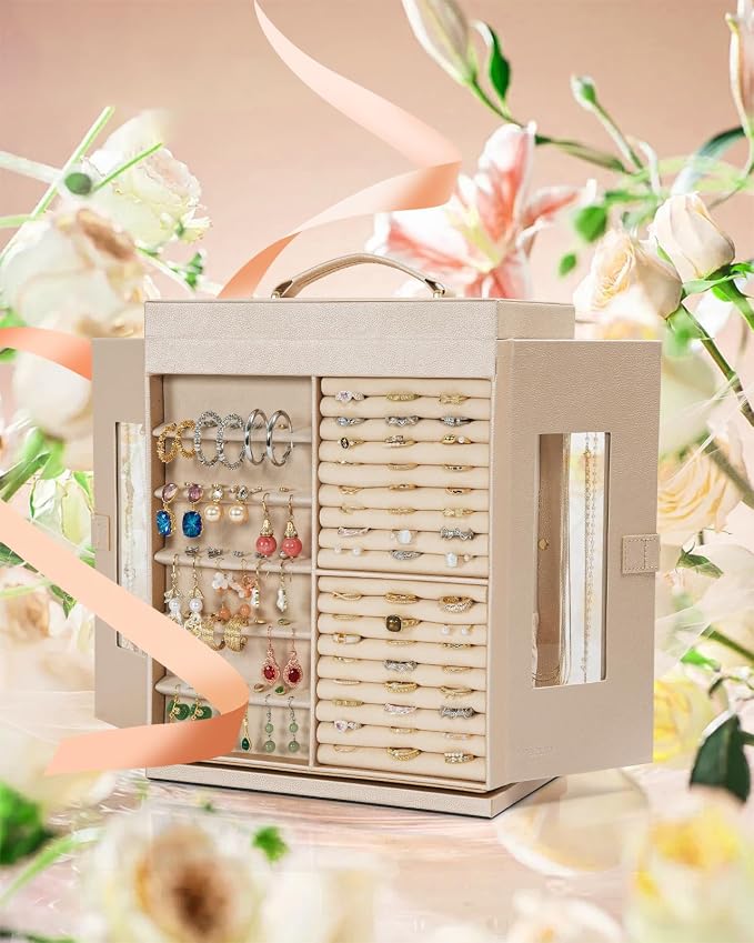 AKOZLIN 6-Tier Jewelry Box Organizer Functional 5 Drawers Leather Jewelry Storage Case for Women Girls Ring Necklace Earring Bracelet Holder Organizer with Mirror XL Champagne 360° Rotating - Image 5