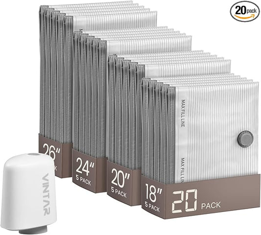 Vacuum Seal Bags for Clothing Travel with Rechargeable Cordless Pump, VINTAR 20 Pack Space Saver Vacuum Storage Bags, Travel Vacuum Compression Bags Set for Luggage Clothes Bedding Blanket by VINTAR