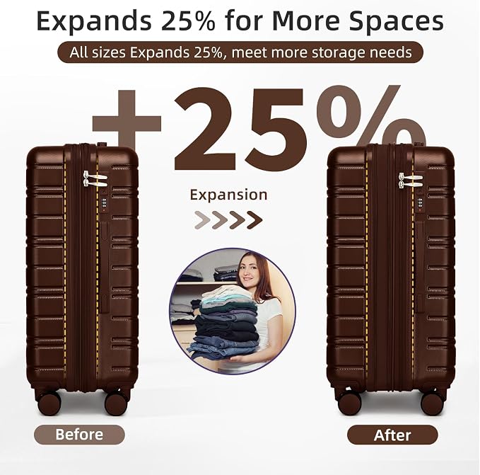 6 Piece Luggage Set Hard Shell - Mocha Expandable Suitcases with Spinner Wheels and Duffel Bags for Family Travel, Durable Carry On Luggage Sets with Lock for Women and Men - Image 6