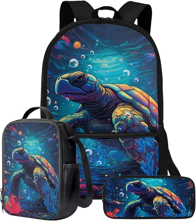 Retro Sea Turtle Print Backpack Set Boys Girls Schoolbag Large Capacity Bookbag Lunch Box Pencil Case 17 Inch Travel Laptop Backpacks Rucksack Fashion Daypack with Zipper by ZIATUBLES