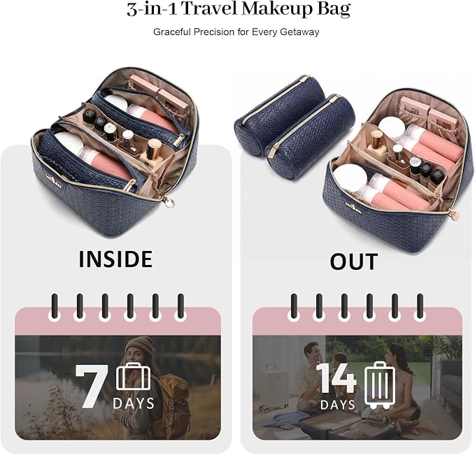 Travel Makeup Bag for Women: 3 Pcs Set Cosmetic Bags for Women - Large Capacity Vagen Leather Hand-made for Toiletry Organizer - Waterproof Ladies Travel Flat Open Essentials for Luxury (02Blue) - Image 7