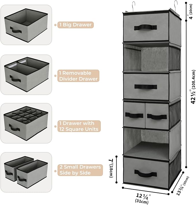 GRANNY SAYS Hanging Closet Organizer 6 Shelves, Closet Organizers and Storage with 5 Drawers, 6 Side Pockets Closet Hanging Organizer, Hanging Storage Organizer for Closet, Baby Clothes, Gray - Image 3