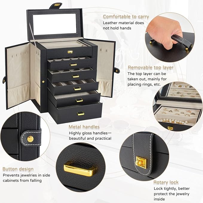 AKOZLIN 6-Tier Jewelry Box Organizer Functional 5 Drawers Leather Jewelry Storage Case for Women Girls Ring Necklace Earring Bracelet Holder Organizer with Mirror Extra Large Black - Image 3