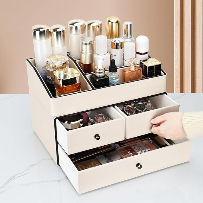 KINGFOM Leather Makeup Organizer with 3 Drawers, 2 Tier Cosmetic Storage Organizer for vanity Dresser Countertop and Bathroom Vanity, Beauty Holder for Lipstick Brush Skincare (Beige) - Image 9
