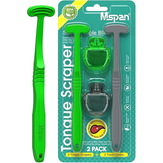 Mspan Tongue Scraper for Adults & Kids: Tongue Cleaner Brush Dental Clean Care Kit with Plastic Travel Case Cover - Oral Hygiene Fresh Breath Green Grey 2 Pack