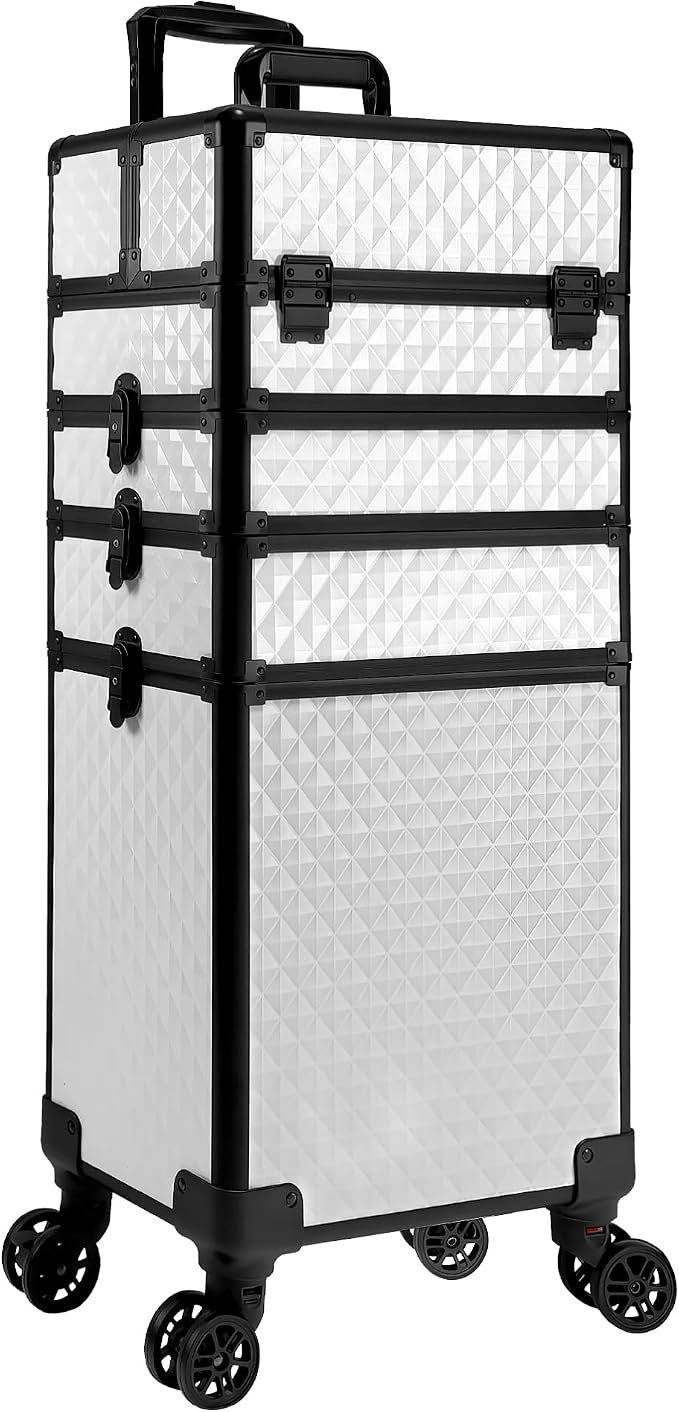 5 in 1 Rolling Makeup Train Case on Wheels Large Cosmetic Organizer Travel Cart for Women Beauty Salon Barber Hairstylist White - Image 7