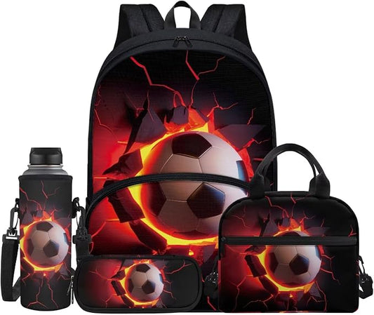 4 Pack Boys Backpack Football Backpack Fire Football Bookbag with Insulated Lunch Box Pencil Case Water Bottle Holder Bag Lightweight Casual Daypack for Preschool,Elementary，Middle High School by FUIBENG