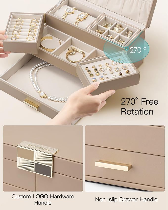 VLANDO 3 Layer Jewelry Box - Women Jewelry Box with Retractable Tray - Jewelry Organizers with Drawer for Necklaces, Rings, Bracelets, Earrings, Gift for Couples Mom Girls - Toffee - Image 5
