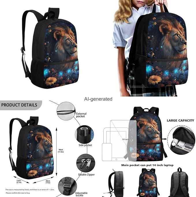 Aesthetic Lion Backpack for Kids Girls Backpack with Lunch Box Water Bottle Holder and Soft Pencil Case 4 in 1 Set Sturdy Bookbag with Front Pocket for School 17 inch Lightweight School Bag - Image 3