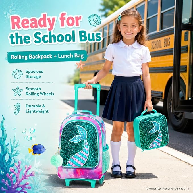 AGSDON 3PCS Rolling Backpack for Girls Boys, Kids Roller Wheels Bookbag, Wheeled School Bag with Lunch Bag - Image 8