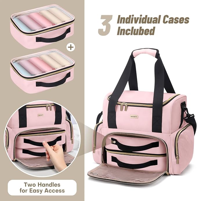 BAFAMYE Large Makeup Cosmetic Bag with 2 Removable Case, Double Layer Travel Makeup Organizer Case, travel Toiletry Bag For Women, Pink - Image 3
