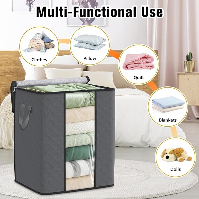 SpaceTrove Clothes Storage Bags, 6-Pack Comforter Blanket Organizers, 80L Large Capacity Containers with Visual Window for Clothing, Quilt, Sheet, Pillow, Closet Organization for Bedding (Grey) - Image 5