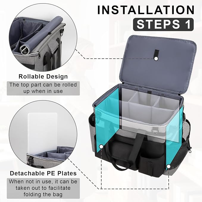 Large Rolling Cleaning Caddy with Wheels, Cleaning Supplies Organizer with Detachable Trolley, Water-resistant Cleaner Cart for Housekeepers, Multi Pocket Cleaning Cart with Strap, Gray - Image 3