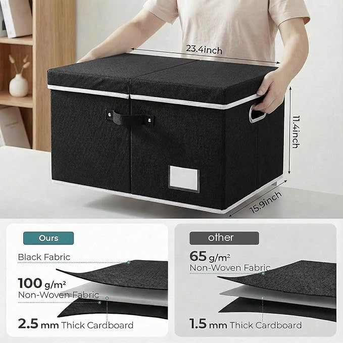 PRANDOM Storage Boxes with Lids [3-Pack] Fabric Collapsible Storage Bins Organizer Containers Baskets Cube with Cover for Home Bedroom Closet Office Nursery Black（23.4X15.9X11.5 - Image 2