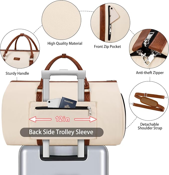 Convertible Garment Duffle Bags for Travel - Carry On Garment Bags With Toiletry Bag, Large Weekender Bags for Women Men 2 in 1 Hanging Suitcase Suit Travel Duffel (Off White) - Image 4