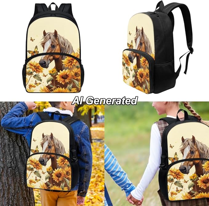 Kids Backpack for School Horse Backpack for Girls | 17 inch Laptop Schoolbag for Girls Boys Kids Backpack with Lunch Box Pencil Bag Set 3Pcs - Image 2