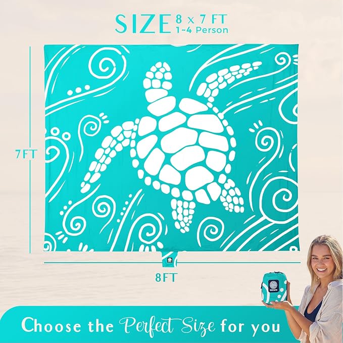 WEKAPO Beach Blanket Waterproof Sandproof Oversized Extra Large Sand Free Beach Mat with Stakes, Storage Bag - Essentials for Outdoor Beach, Picnic (Gradient Teal Sea Turtle, 8 X 7 FT (1~4 Person)) - Image 3