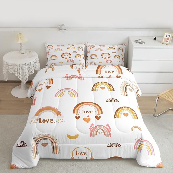 Kids Rainbow Duvet Insert, Kawaii Decor Comforter Set Queen For Kids Girls Boys, Cartoon Love Heart Bedding Set Cloud And Moon Hand Drawn Duvet Sets Soft Microfiber Comforter + 2 Pillow Cases - Image 3
