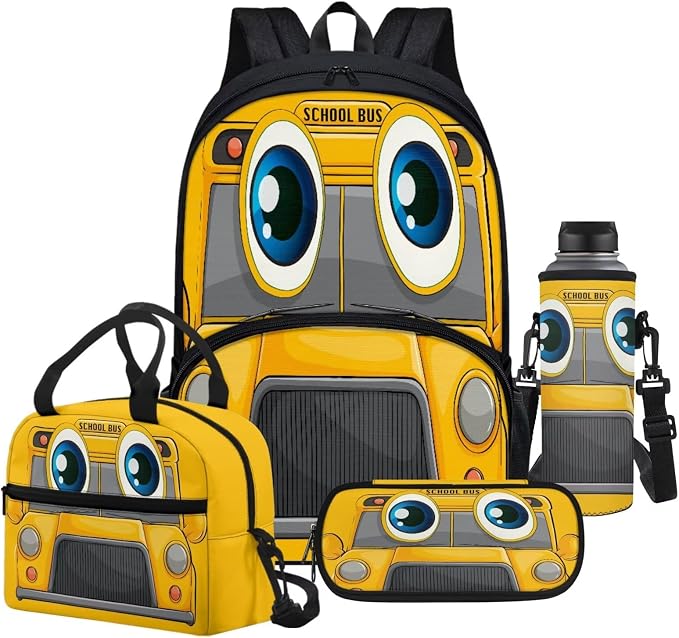 4 Pcs School Bus Schoolbag With Lunch Box Pencil Case Water Bottle Holder Pouch for Boy 6-8,Preschool Children School Backpack Elementary School Bookbag Casual Daypack by FUIBENG