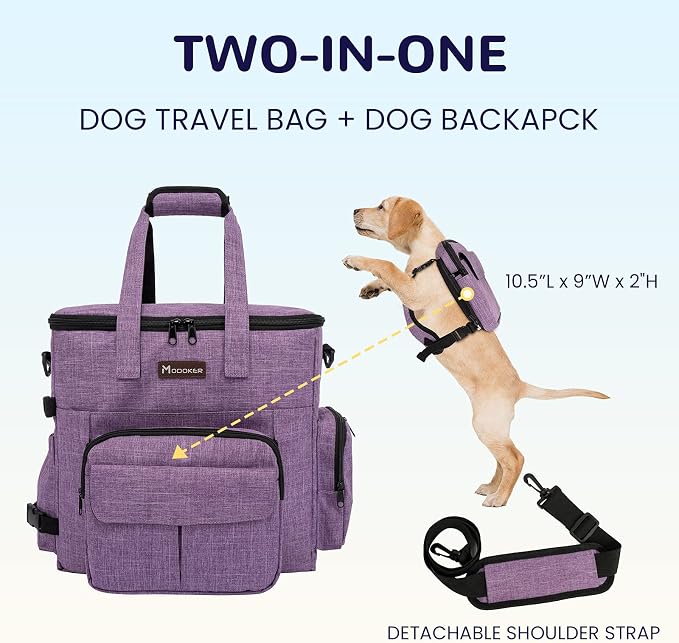 Modoker Dog Travel Organizer Carriers for Supplies & Accessories, Airline Approved Cat Pet Travel Bag, 2 Collapsible Bowls, 2 Travel Dog Food Container, Purple | Dog travel accessories set with feeding supplies, bowls, mat, and strap. Ideal for weekend... - Image 2