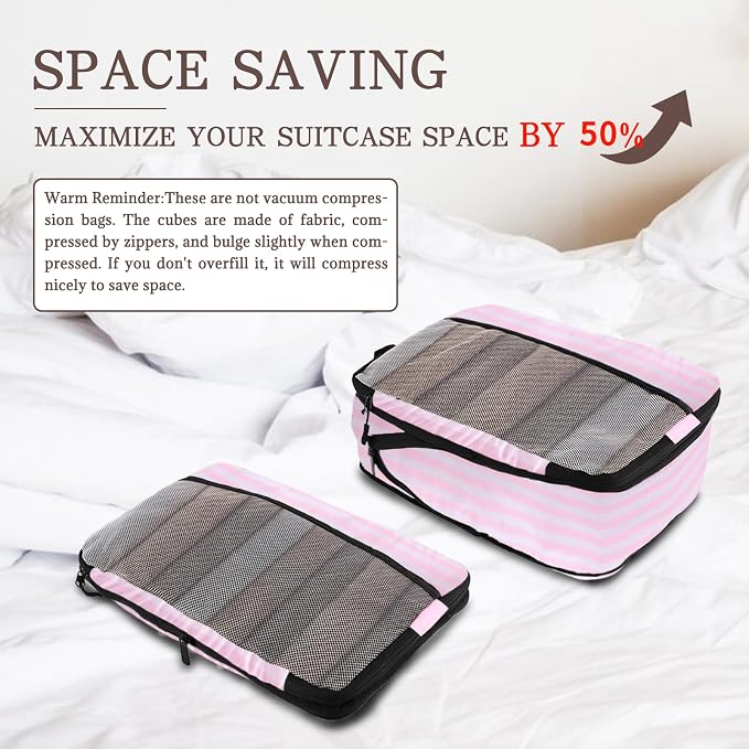 U+U 10 Set Compression Packing Cubes - Ultralight Pink Stripe Travel Organizers with Laundry Bag, Space-Saving Suitcase Organizer, Expandable Packing Cubes for Travel and Family Vacation (Pink Stripe) - Image 2