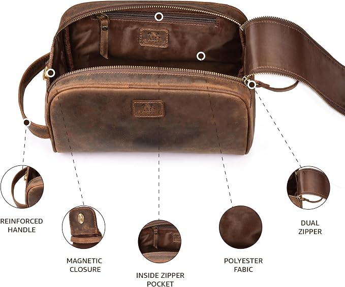 King-Size Premium Leather Toiletry Travel Pouch – Handcrafted Vintage Dopp Kit Bag with Waterproof Lining, Spacious Design for Travel Essentials - Brown - Image 5
