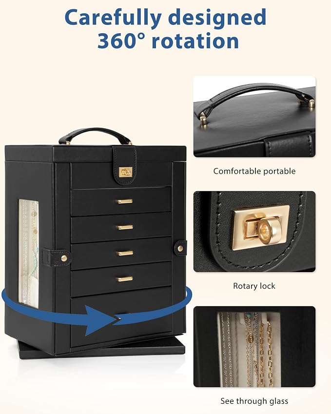 AKOZLIN 6-Tier Jewelry Box Organizer Functional 5 Drawers Leather Jewelry Storage Case for Women Girls Ring Necklace Earring Bracelet Holder Organizer with Mirror XL Black 360° Rotating - Image 8