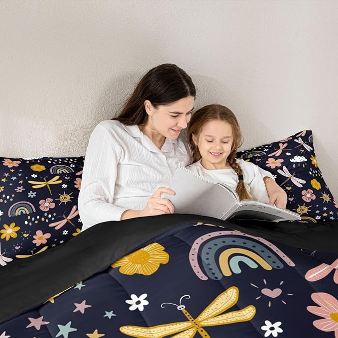 Erosebridal Rainbow Comforter Set, Cartoon Dragonfly Quilt Queen Size for Kids Girls Women Adult, Pink Flower Floral Duvet Insert Kawaii Iridescent Bedding Set 3Pcs with 2 Pillow Cases, Black Yellow - Image 5
