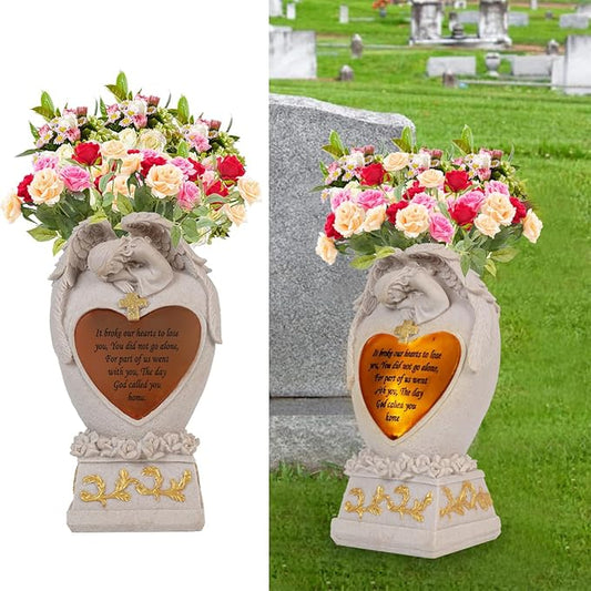 Cemetery Decorations for Grave, Garden Angel, Solar Lights, Family Memorial Statue, Funeral Gift, LED Vase, Crying Angel (Beige)