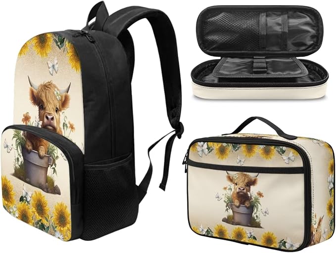Highland Cow Backpacks Ages 8-10 and Lunch Box 3Pcs Kids School Bag with Lunchbox for Elementary Middle School 17 Inch School Bags for Girls 10-12 Lunch Bag Pencil Case Set - Image 2