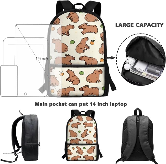 Capybara 3pcs Kids Backpack Set with Lunch Box and Pencil Case Lightweight School Bags for Boys Girls Elementary Bookbag for Students - Image 2