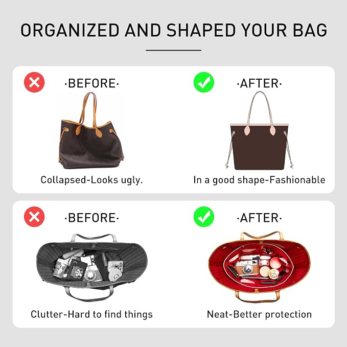 Purse Organizer Insert Compatible with Lv Neverfull PM and More, Premium DupontPaper Lighgtweight Bag Liner Diveider Shaper for Tote Handbags, White-red/M - Image 4