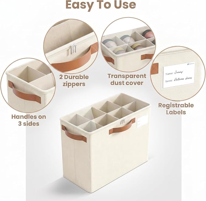 Varhomax Shoe Organizer Box for Closet, Small Fabric Storage Basket 2 Pack | Foldable Shoe Bin with Adjustable Dividers & Clear Cover, Saving Space Sneakers & Sandals Containersfor Entryway, Cubby - Image 6