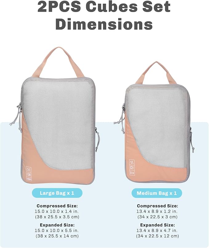 Hynes Eagle 6 Set/ 4 Set/ 2 Set Compression Packing Cubes Travel Essentials Lightweight Nylon Luggage Suitcase Organizer Bag Light Pink 2PCS - Image 2