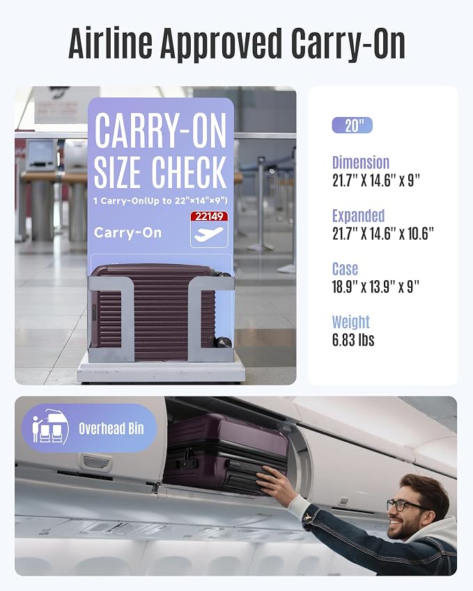 LIGHT FLIGHT Carry On Luggage 22x14x9 Airline Approved, Lilac | Airline Approved, Hard Shell with Wheels, Expandable Hardside, Lightweight, TSA Lock - Image 4